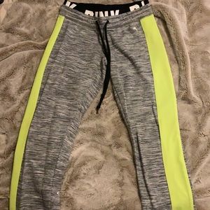 gray logo sweats with neon lime stripes